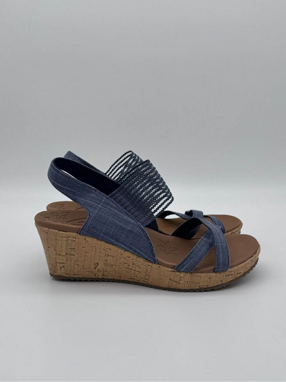 Skechers Beverlee High Tea Navy Wedge Sandals Size 9 Like New - Picture 5 of 13